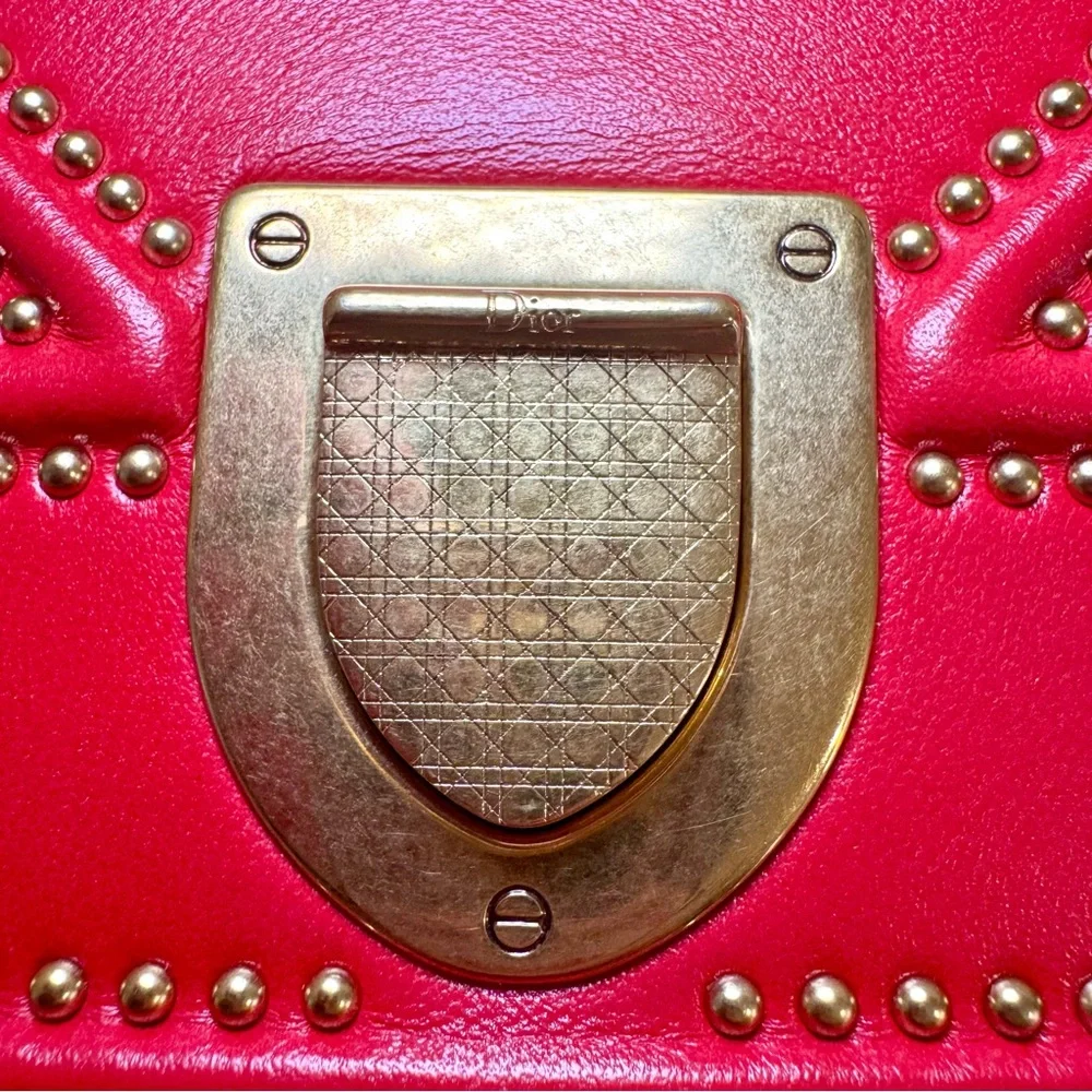 Christian Dior Diorama Red Leather Medium Flap Bag W Gold Studs & Chain Strap